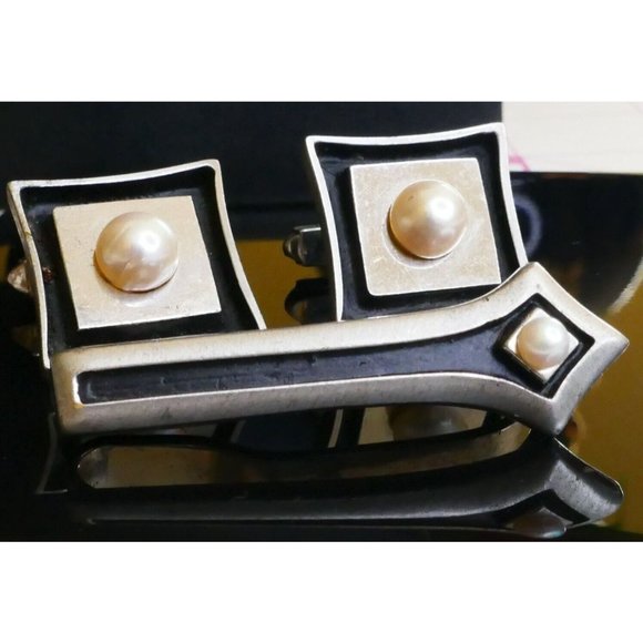 Moderniest MCM Sterling Silver & Pearl Jewelry Set Cufflinks Tie Bar Signed V - Picture 4 of 11